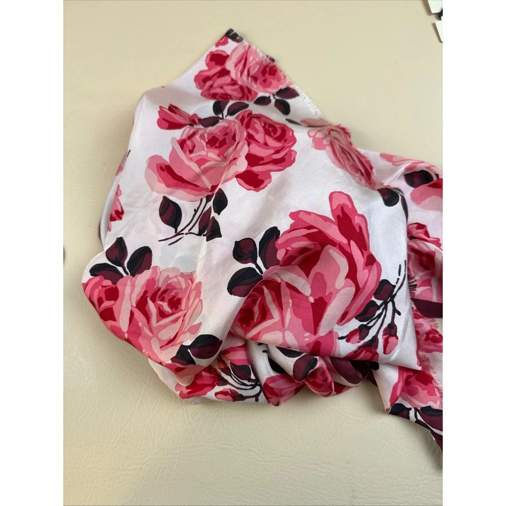 Kate Spade OS Scarf Floral Romantic 100% Silk Rose Print Eyelash Fringe